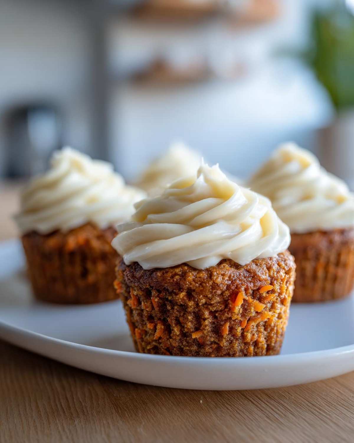 A close-up of delicious carrot cake muffins topped with thick swirls of cream cheese frosting.