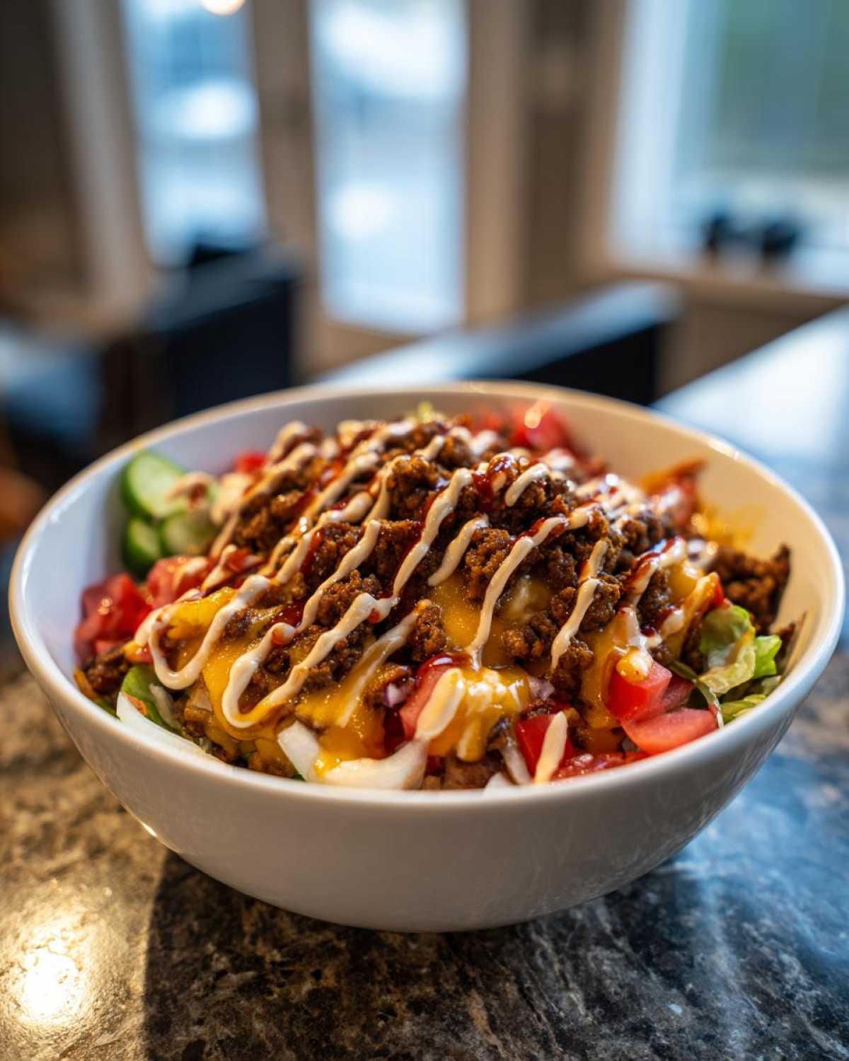 A close-up of a hearty cheeseburger bowl topped with seasoned ground beef, melted cheese, and drizzles of white and dark sauce.