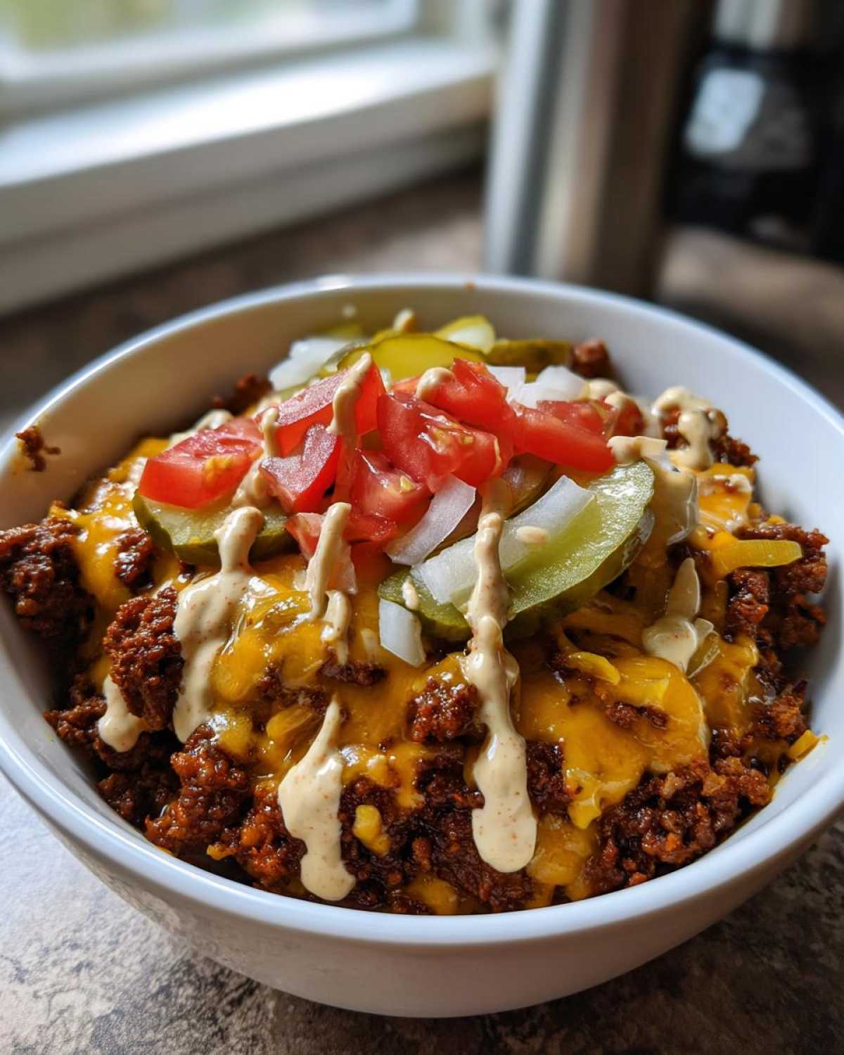 A close-up of a hearty cheeseburger bowl filled with seasoned ground beef, melted cheddar cheese, pickles, tomatoes, and a drizzle of sauce.