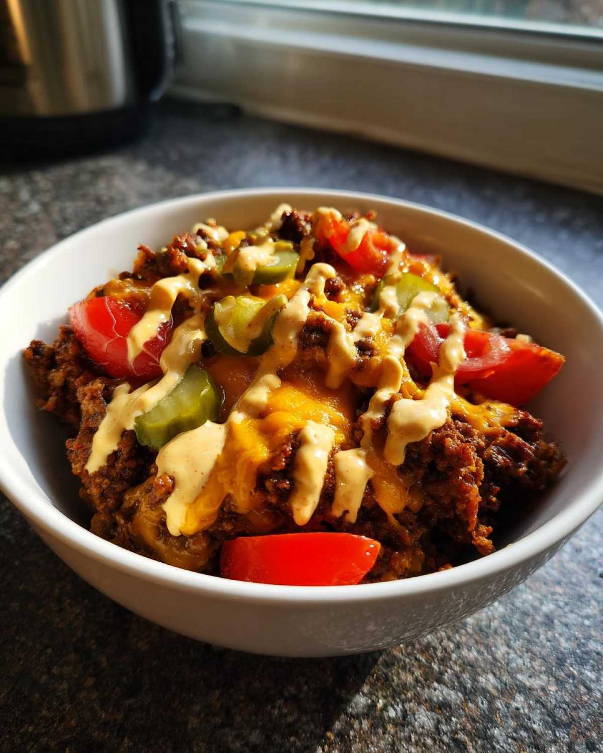 A close-up of a white bowl filled with a hearty cheeseburger bowl, topped with melted cheese, tomato wedges, pickles, and a drizzle of sauce.