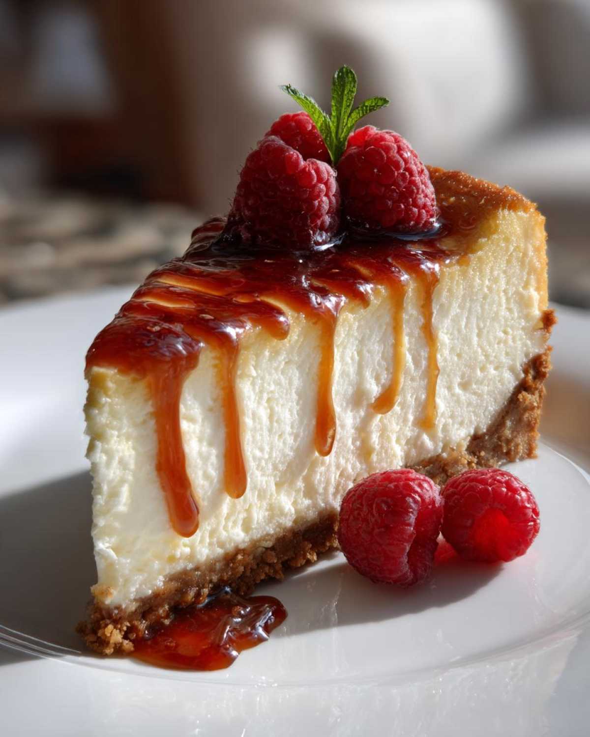 A decadent slice of cheesecake recipe topped with dripping caramel sauce, fresh raspberries, and a mint sprig.