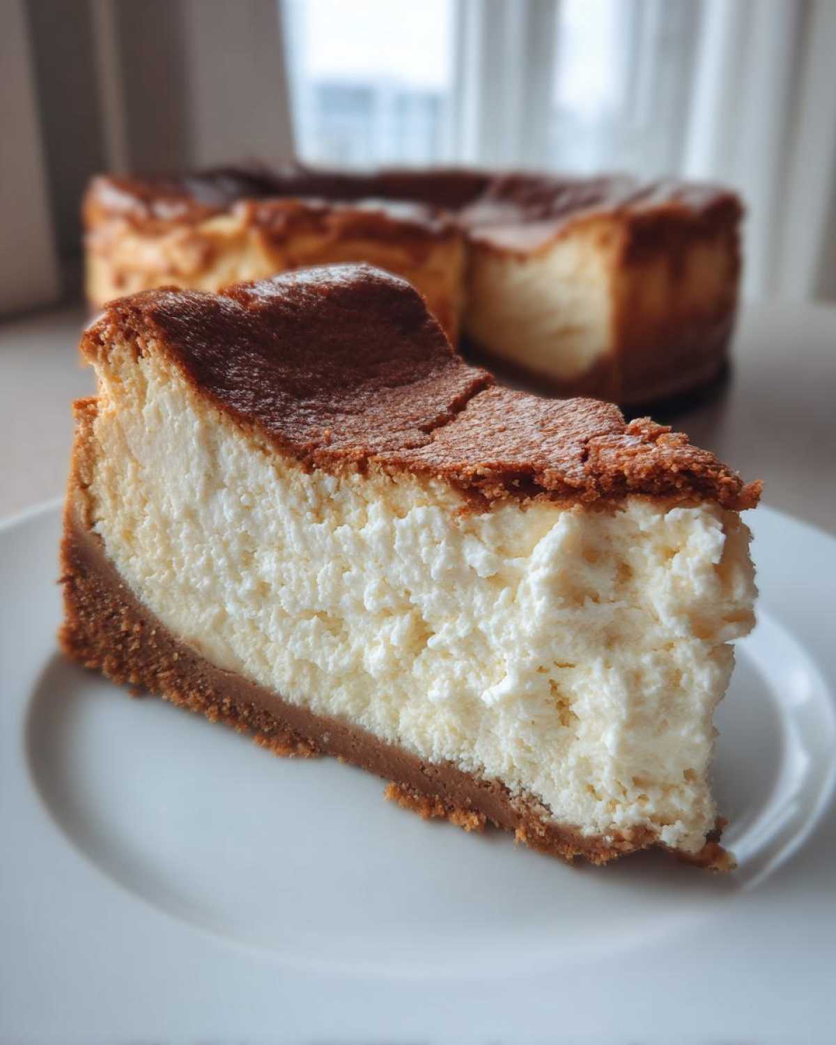 A thick slice of creamy cheesecake recipe with a dark graham cracker crust and deeply browned top, served on a white plate.
