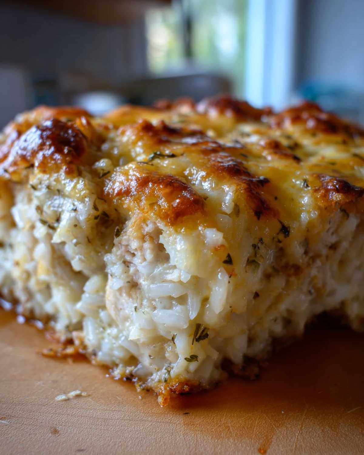 A close-up shot of a thick slice of cheesy chicken and rice casserole with a golden-brown, bubbly cheese topping.