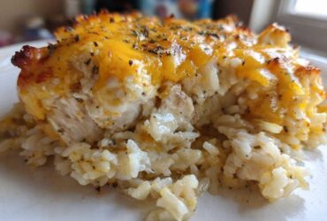 A close-up serving of baked cheesy chicken and rice, topped with melted, slightly browned cheddar cheese and herbs.