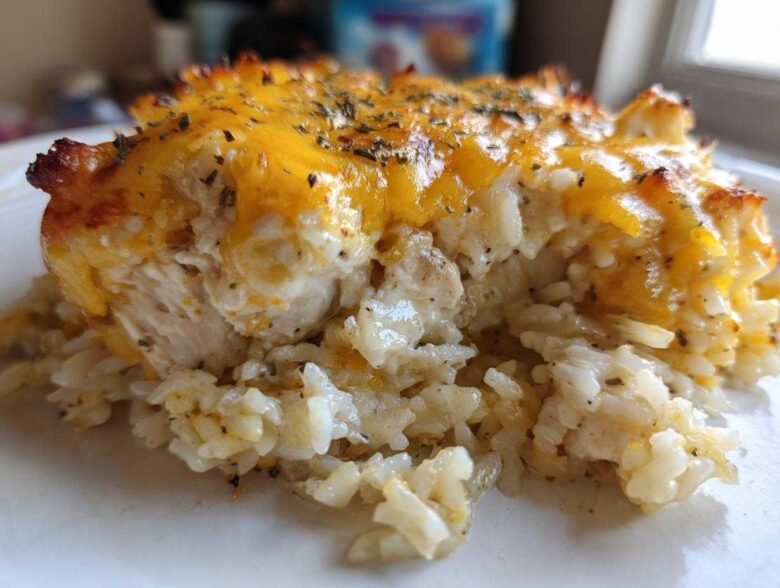 A close-up serving of baked cheesy chicken and rice, topped with melted, slightly browned cheddar cheese and herbs.