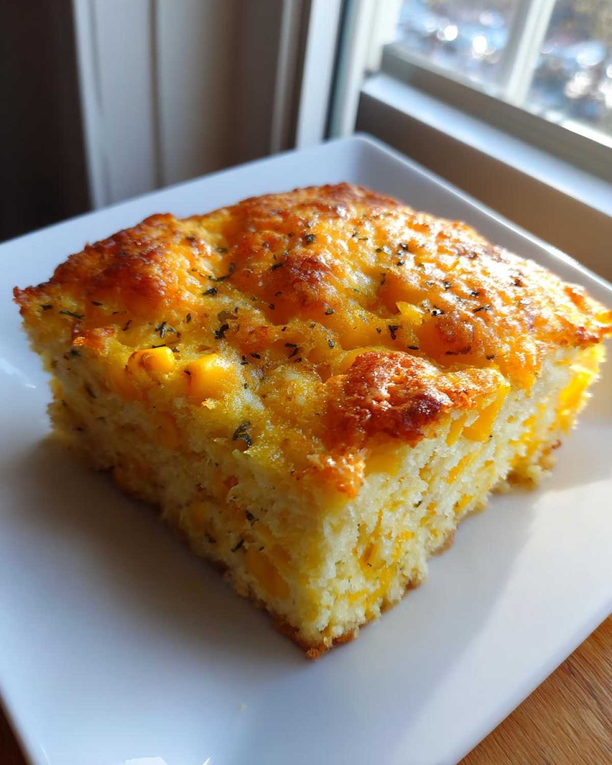 A square slice of cheesy cornbread casserole with visible corn kernels, topped with melted, browned cheese and herbs.