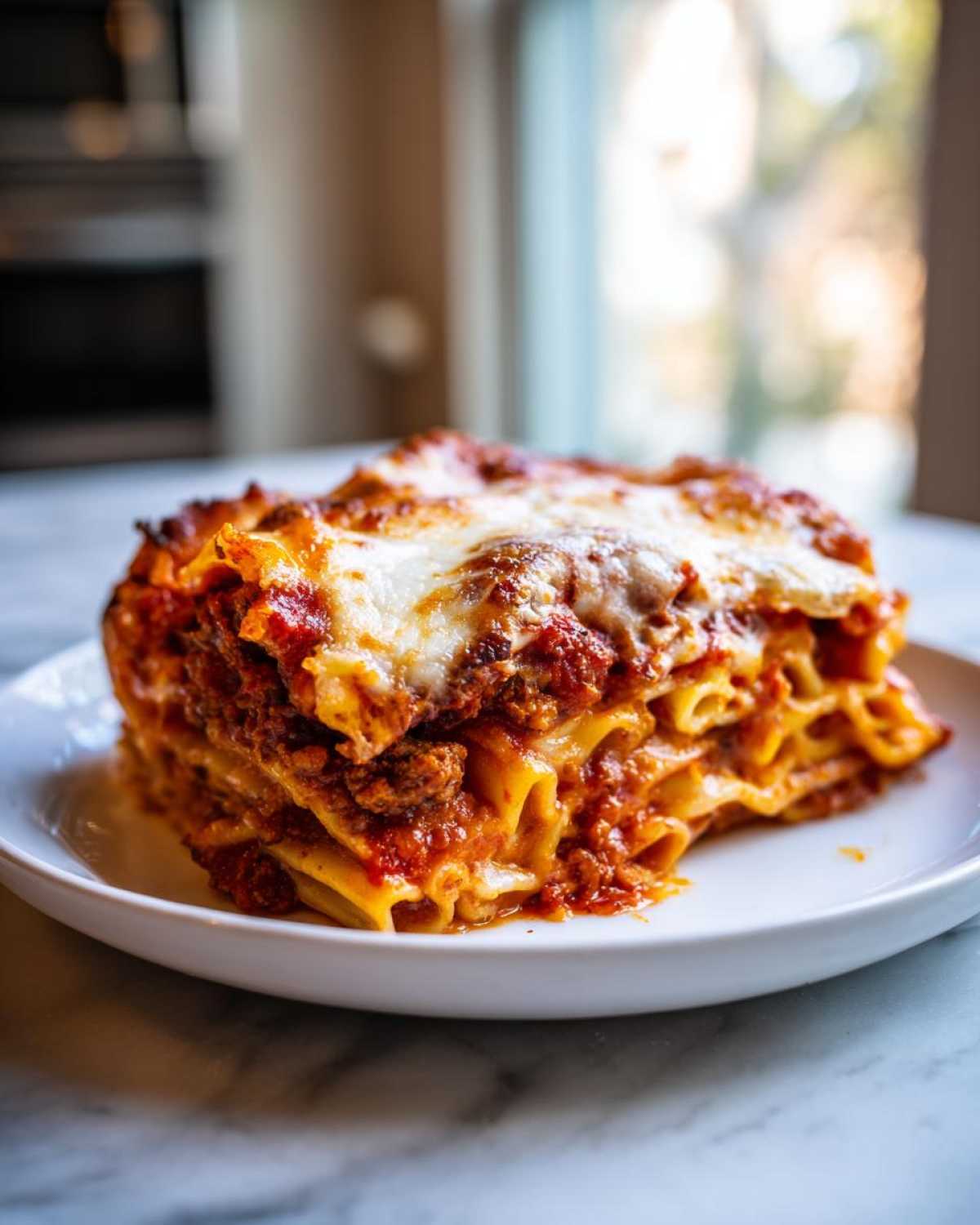 A thick, layered slice of cheesy lasagna, a perfect example of a hearty pasta bake, served on a white plate.