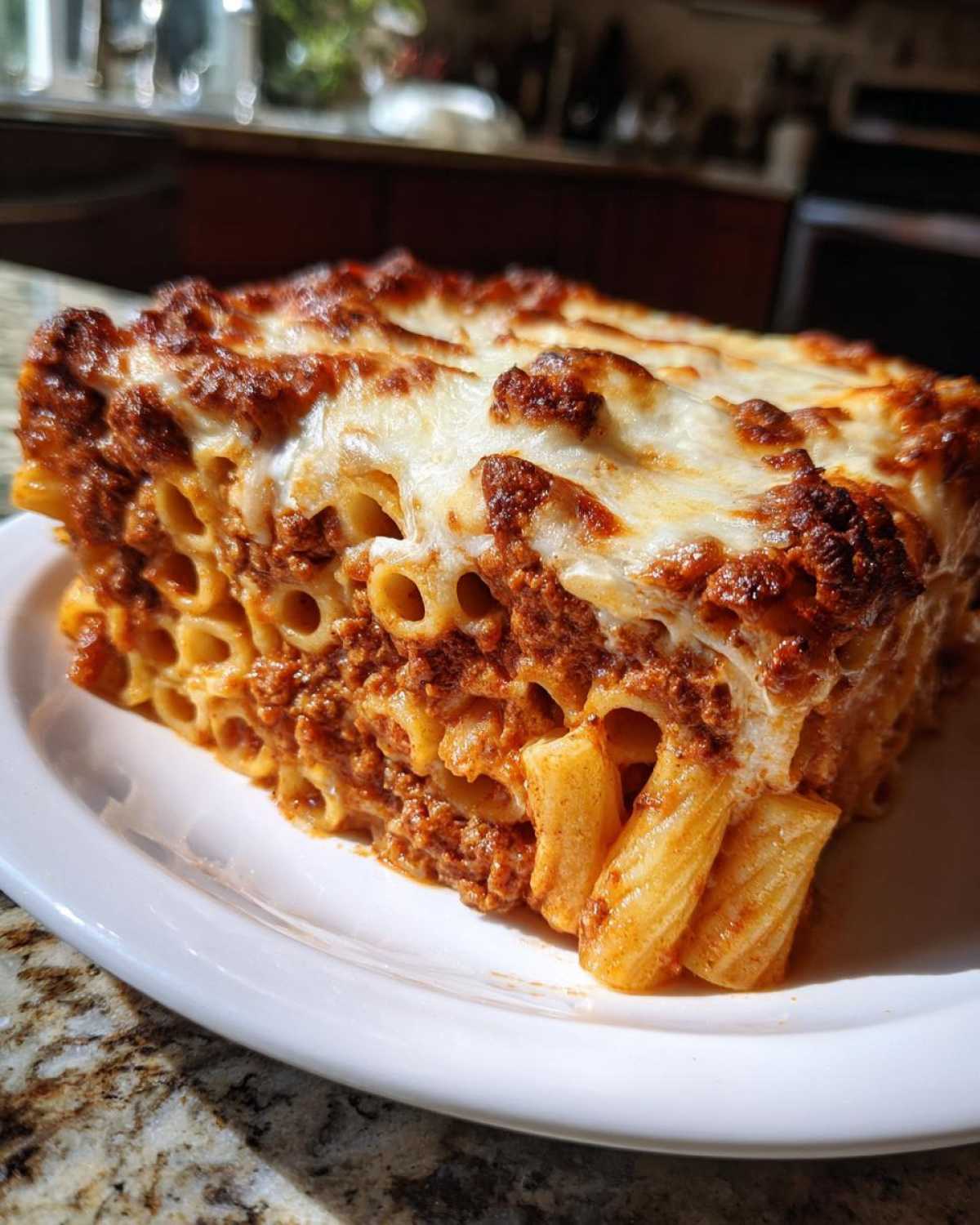A generous slice of baked ziti pasta bake with rich meat sauce and melted, browned cheese topping.