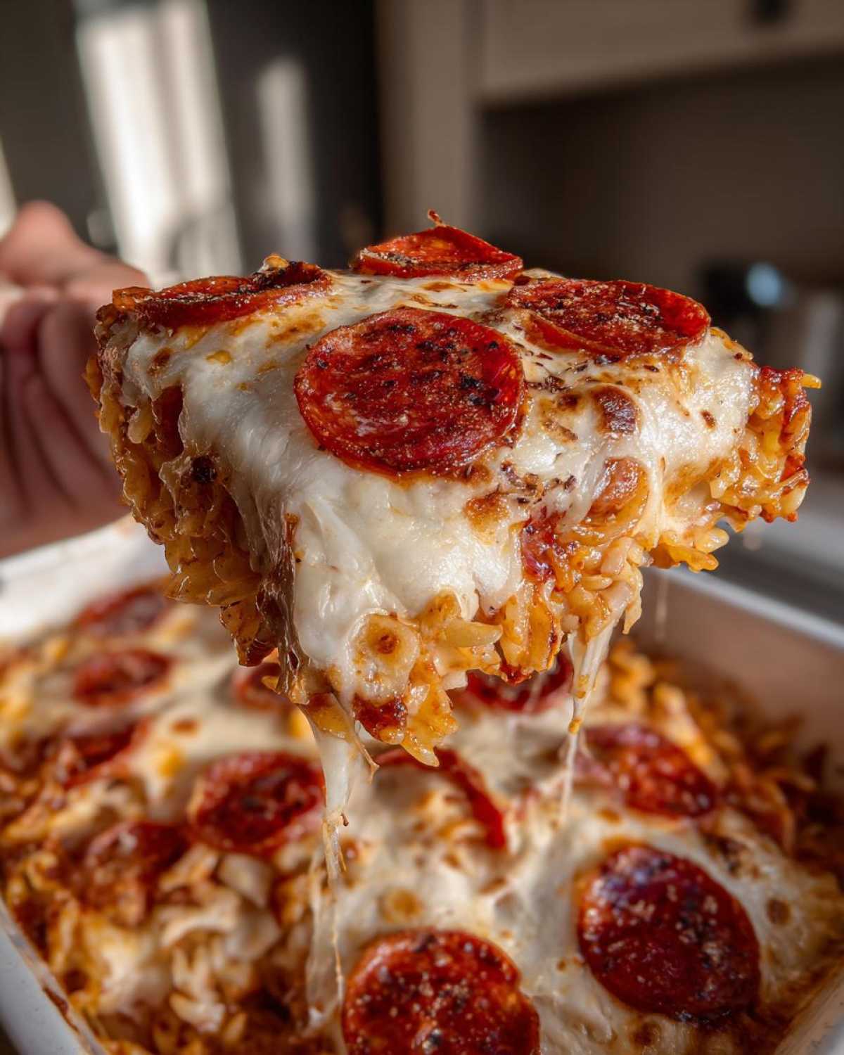 A hand lifting a cheesy, pepperoni-topped slice of pizza pasta casserole out of the baking dish.