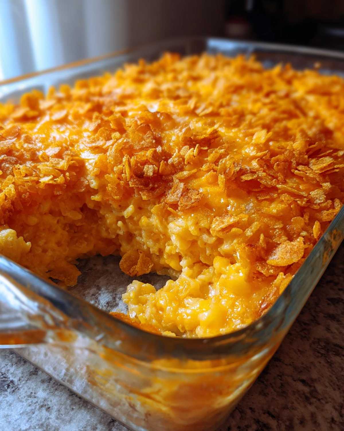 A scoop has been taken out of a cheesy potato bake topped with crispy cornflakes in a glass dish.