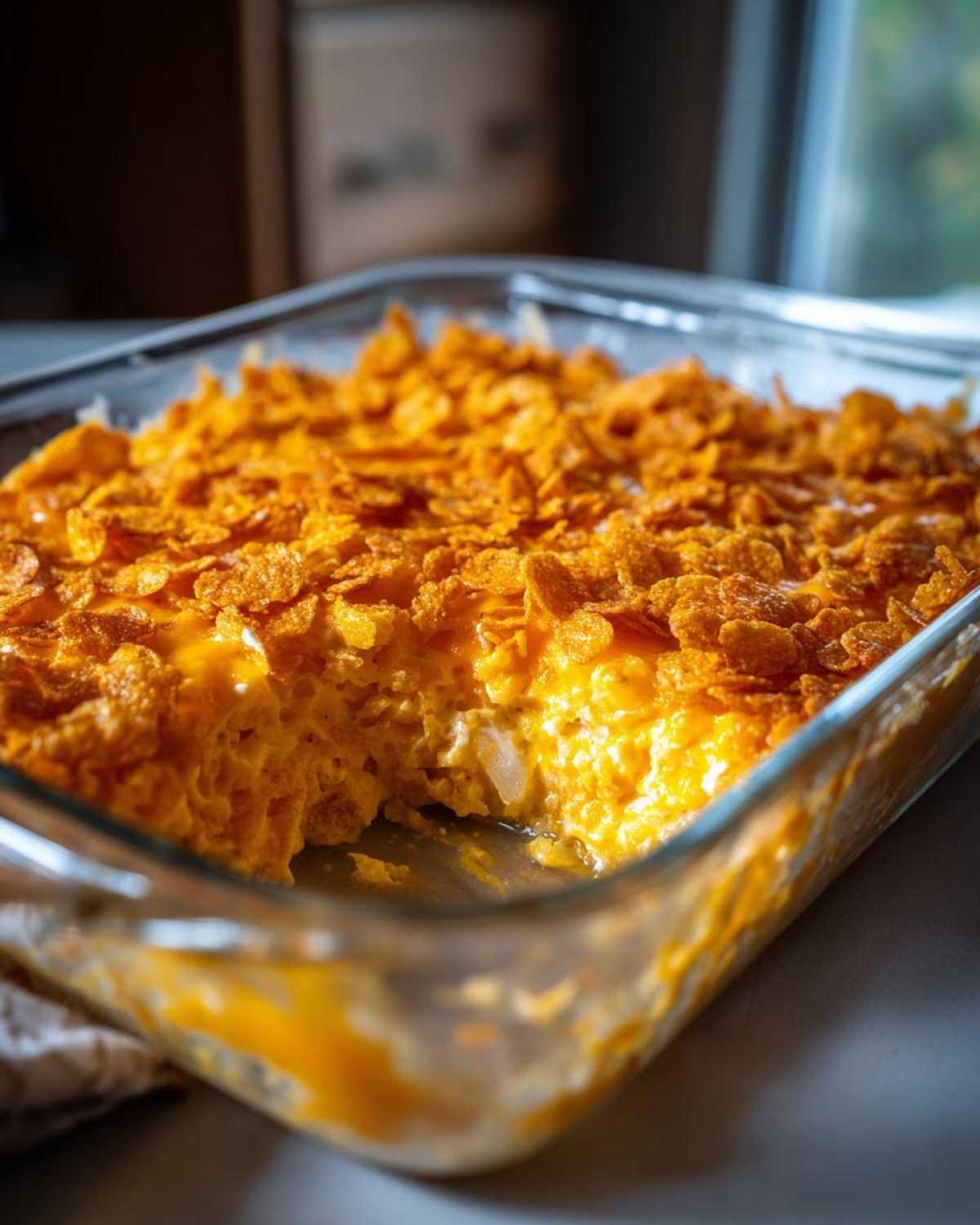 A close-up of a cheesy potato bake in a glass dish, featuring a thick, golden corn flake topping.
