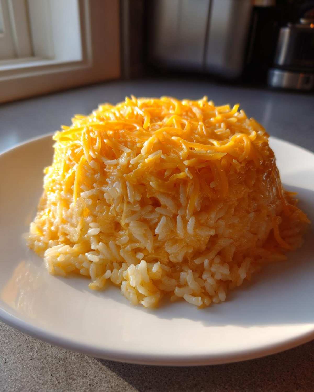 A molded serving of creamy, warm cheesy rice topped generously with shredded cheddar cheese.