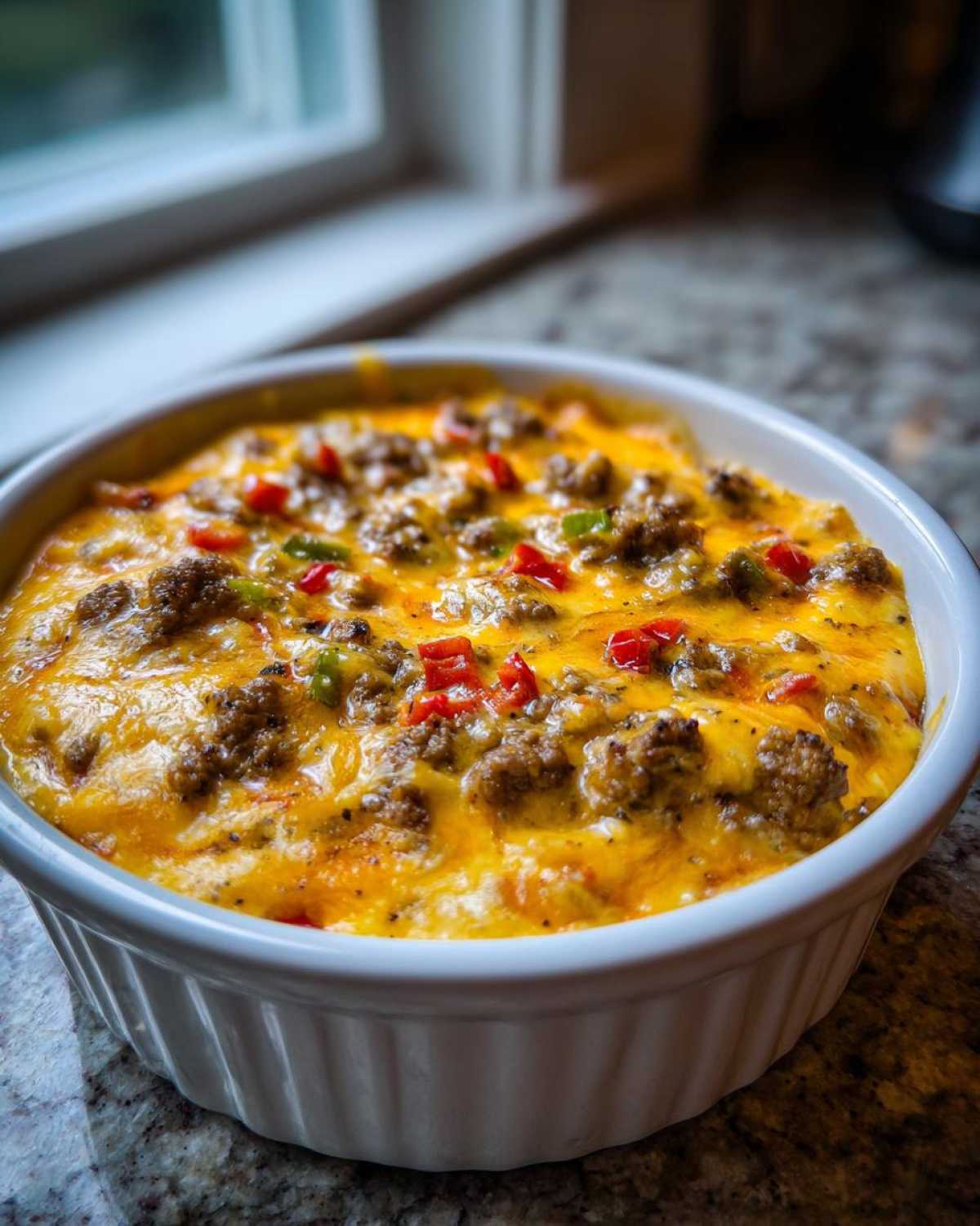 A bubbling, cheesy rotel dip topped with ground meat and diced red and green peppers in a white dish.
