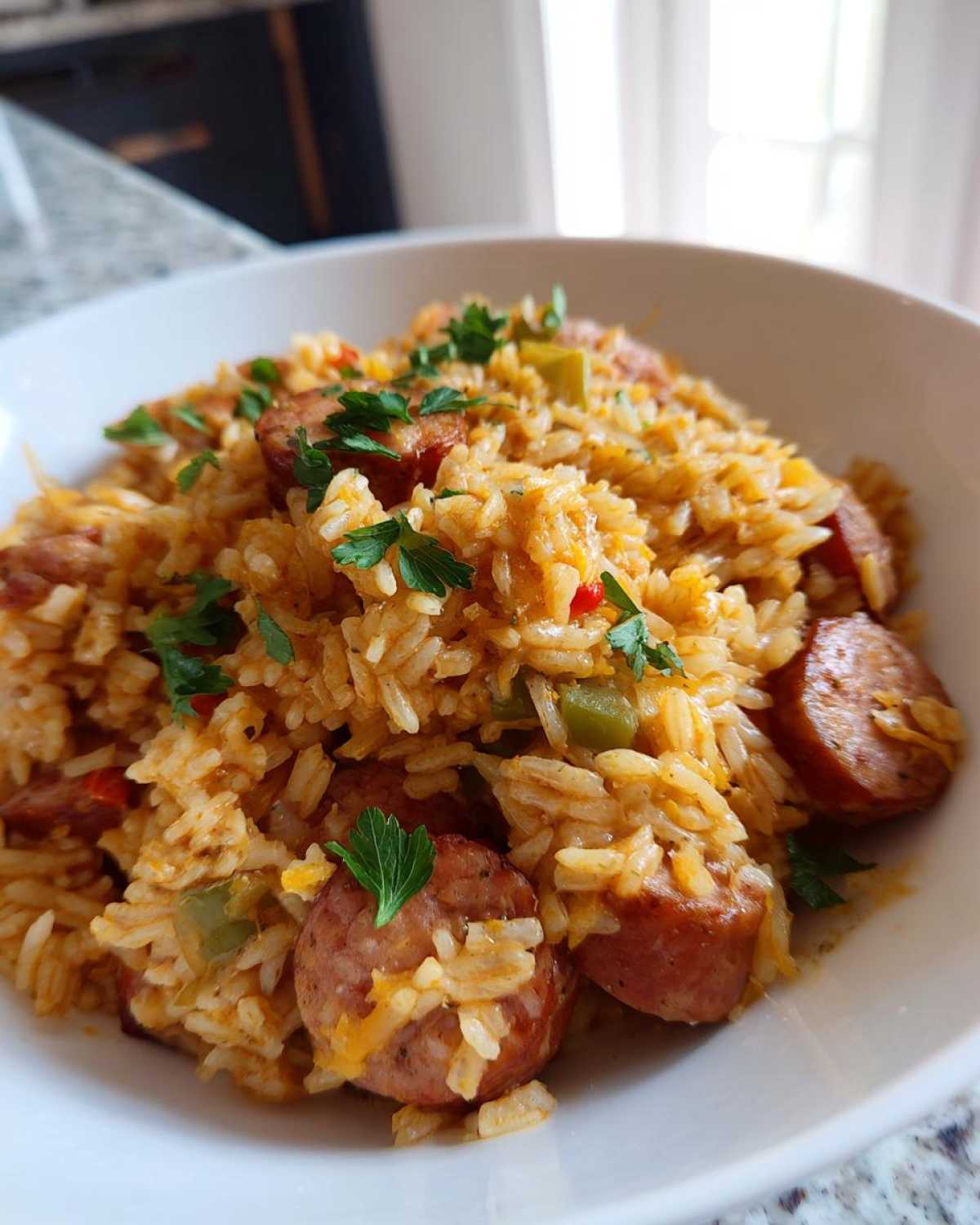 Close-up of a white bowl filled with cheesy sausage and rice, garnished with fresh parsley.