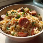 A close-up of a bowl filled with cheesy sausage and rice, garnished with fresh parsley.