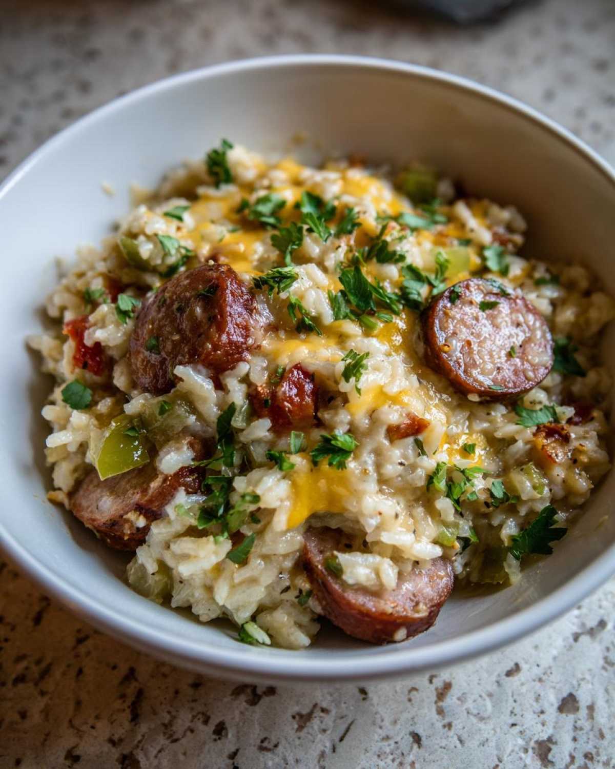 Close-up of cheesy sausage and rice in a white bowl, topped with melted cheddar and fresh parsley.