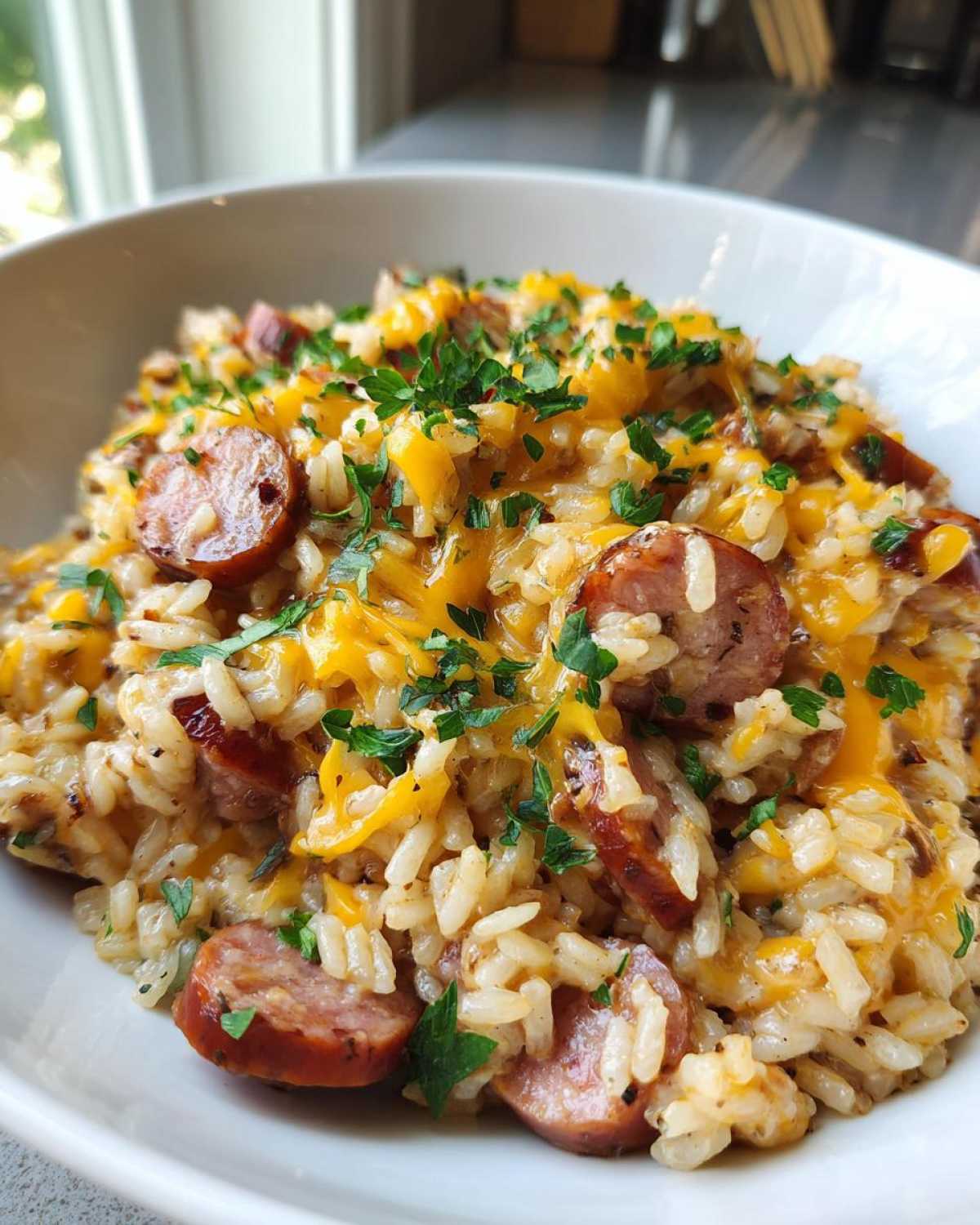Close-up of a serving of cheesy sausage and rice topped with melted cheddar and fresh parsley.
