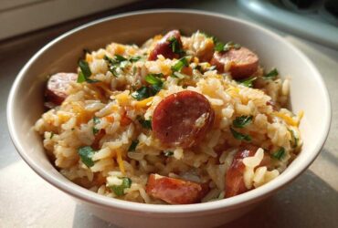 A close-up of a bowl filled with cheesy sausage and rice, garnished with fresh parsley.