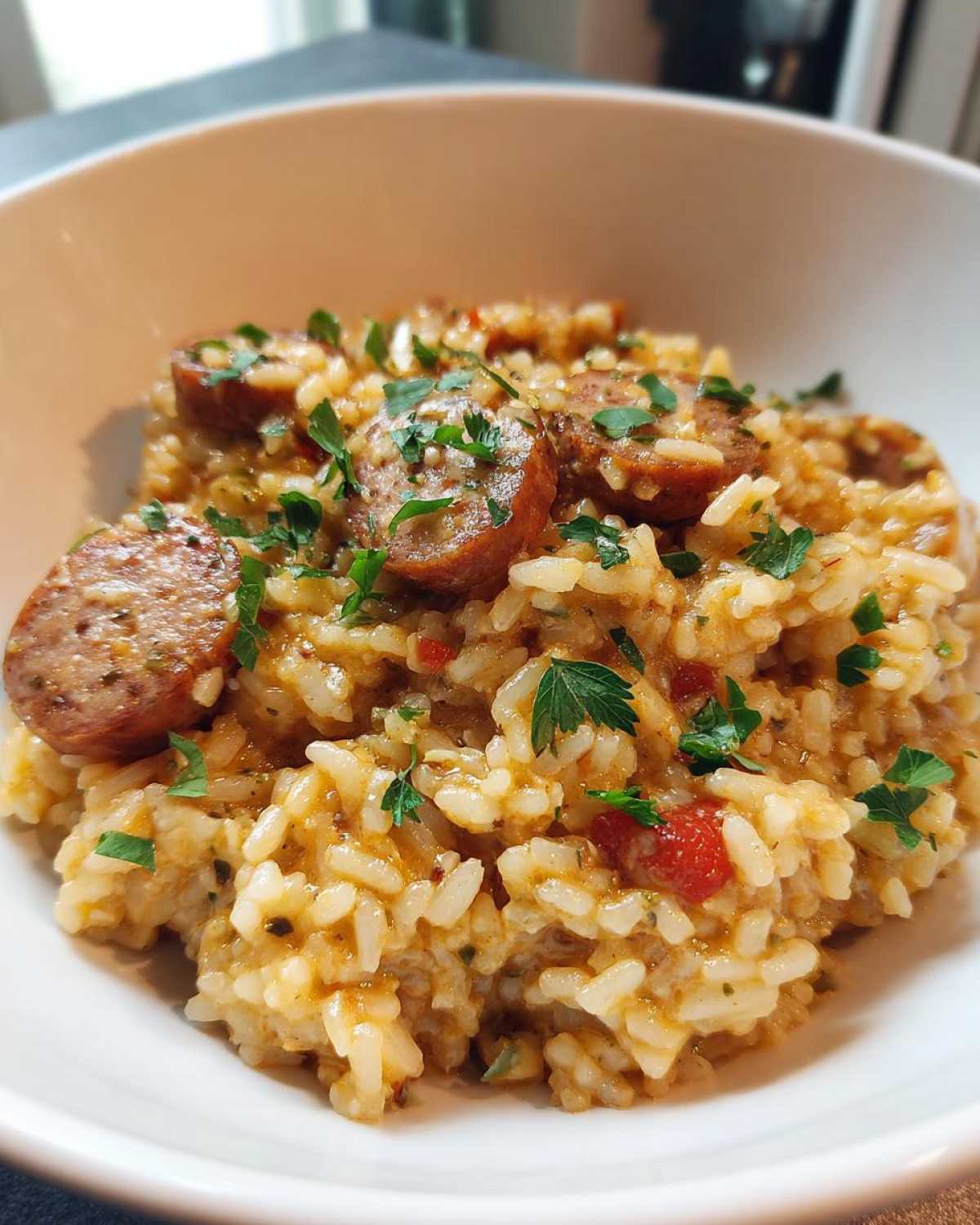 Close-up of creamy, cheesy sausage and rice topped with fresh parsley in a white bowl.