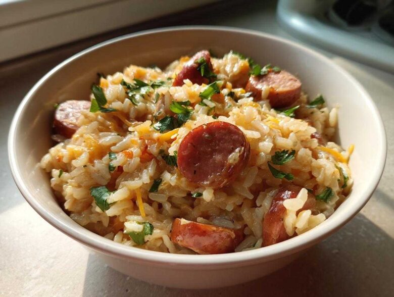 A close-up of a bowl filled with cheesy sausage and rice, garnished with fresh parsley.