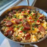 Close-up of cheesy sausage and rice cooked in a stainless steel skillet, topped with melted cheddar and parsley.