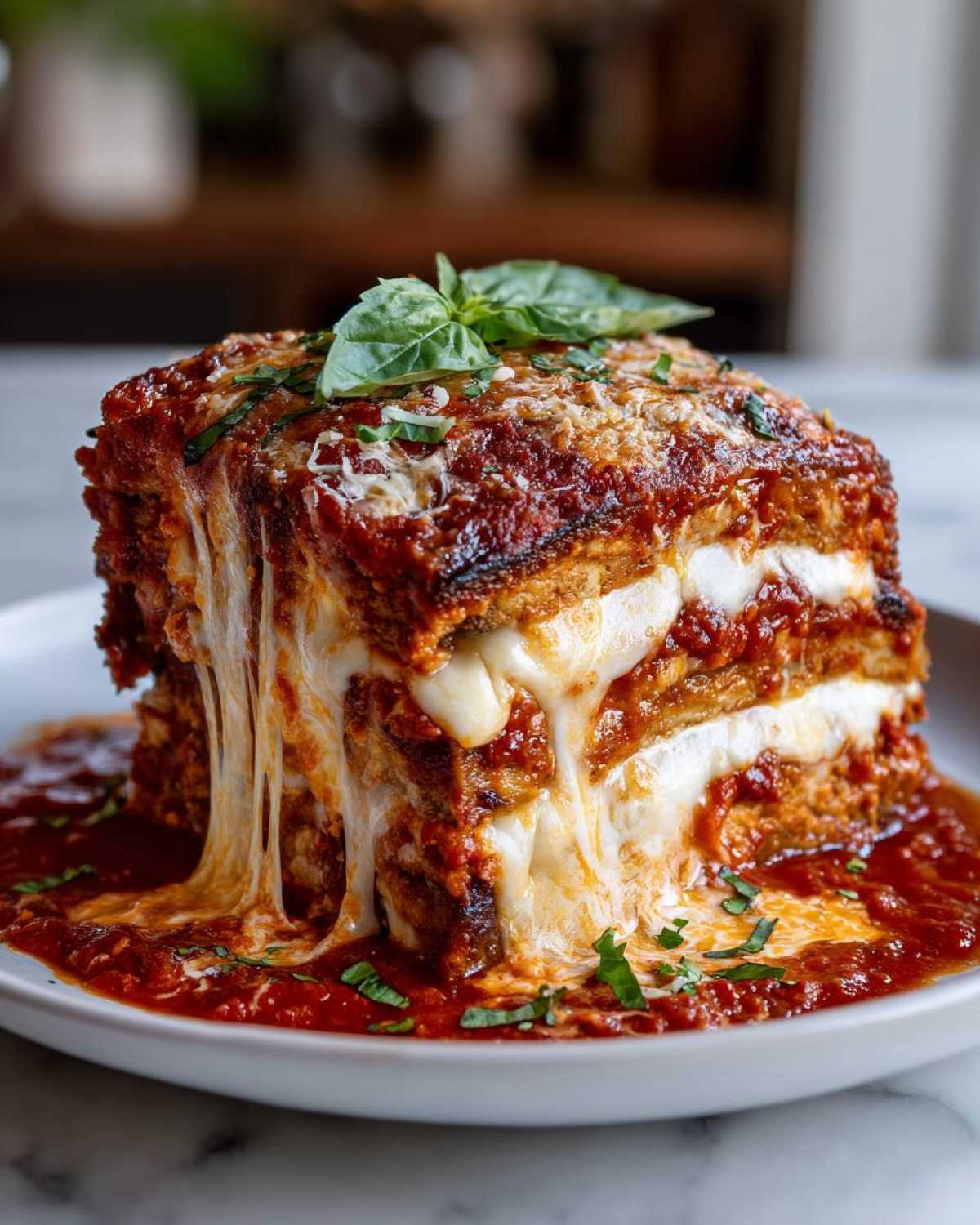 A tall, square slice of baked eggplant parmesan with melted, stretching mozzarella cheese and rich tomato sauce.