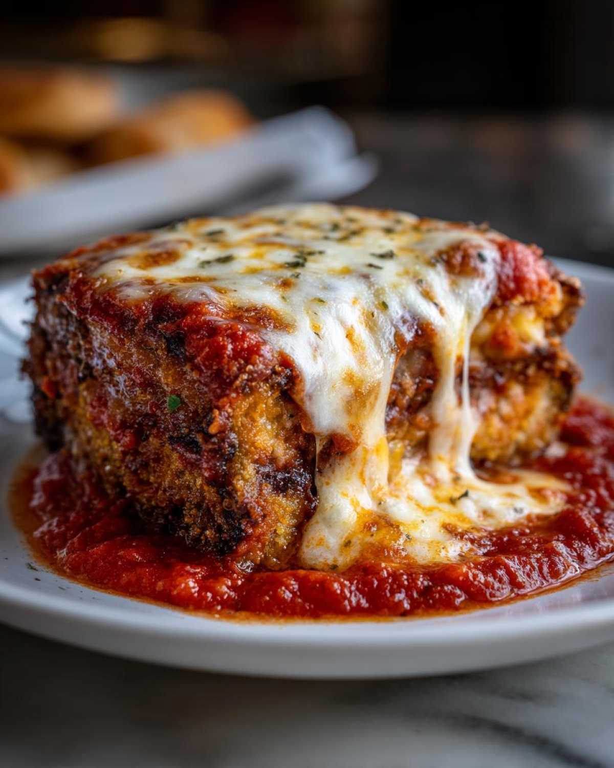 Close-up of a thick, baked slice of eggplant parmesan covered in melted, gooey mozzarella cheese and rich tomato sauce.