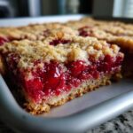 A close-up, cross-section view of a rich cherry dump cake bar showing the thick cherry filling and crumbly topping.