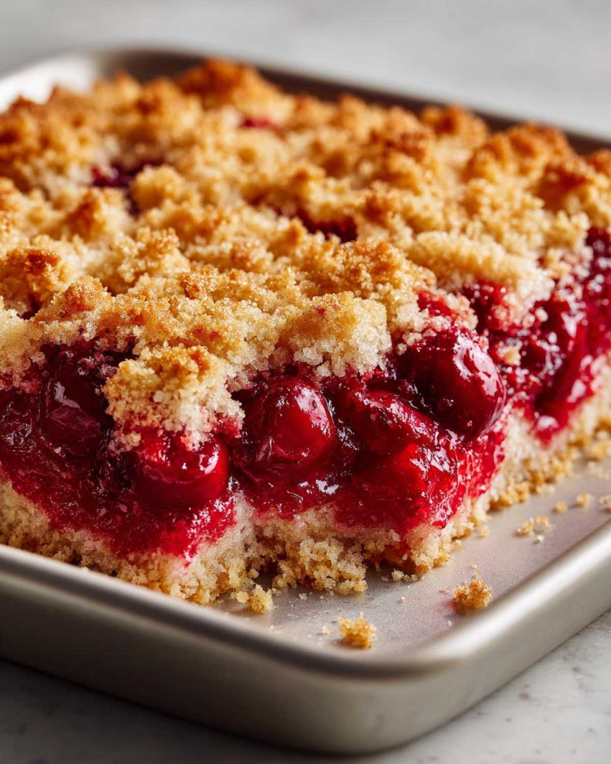 A close-up, cross-section view of a freshly baked cherry dump cake showing the bright red cherry filling and golden crumb topping.