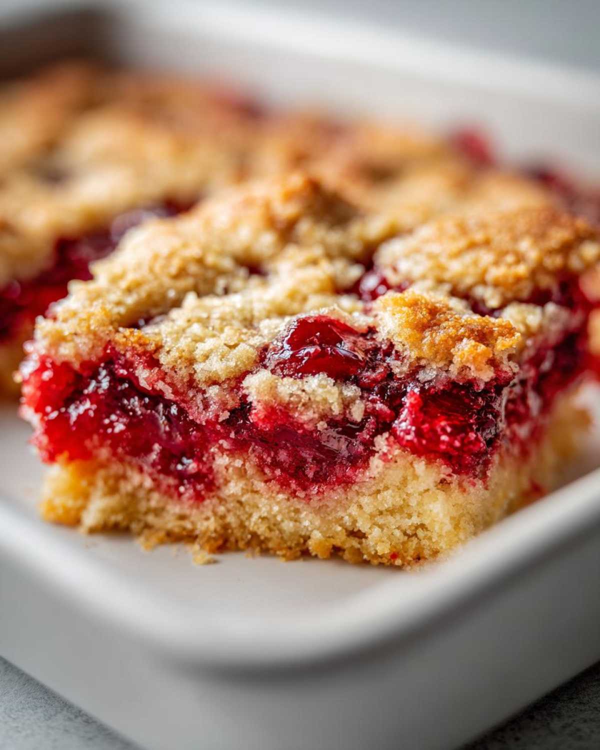 A close-up, macro shot of a freshly baked slice of cherry dump cake showing the bright red cherry filling and crumbly topping.