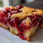 Close-up of a moist slice of cherry dump cake showing bright red cherry filling and a golden, slightly crumbly topping.