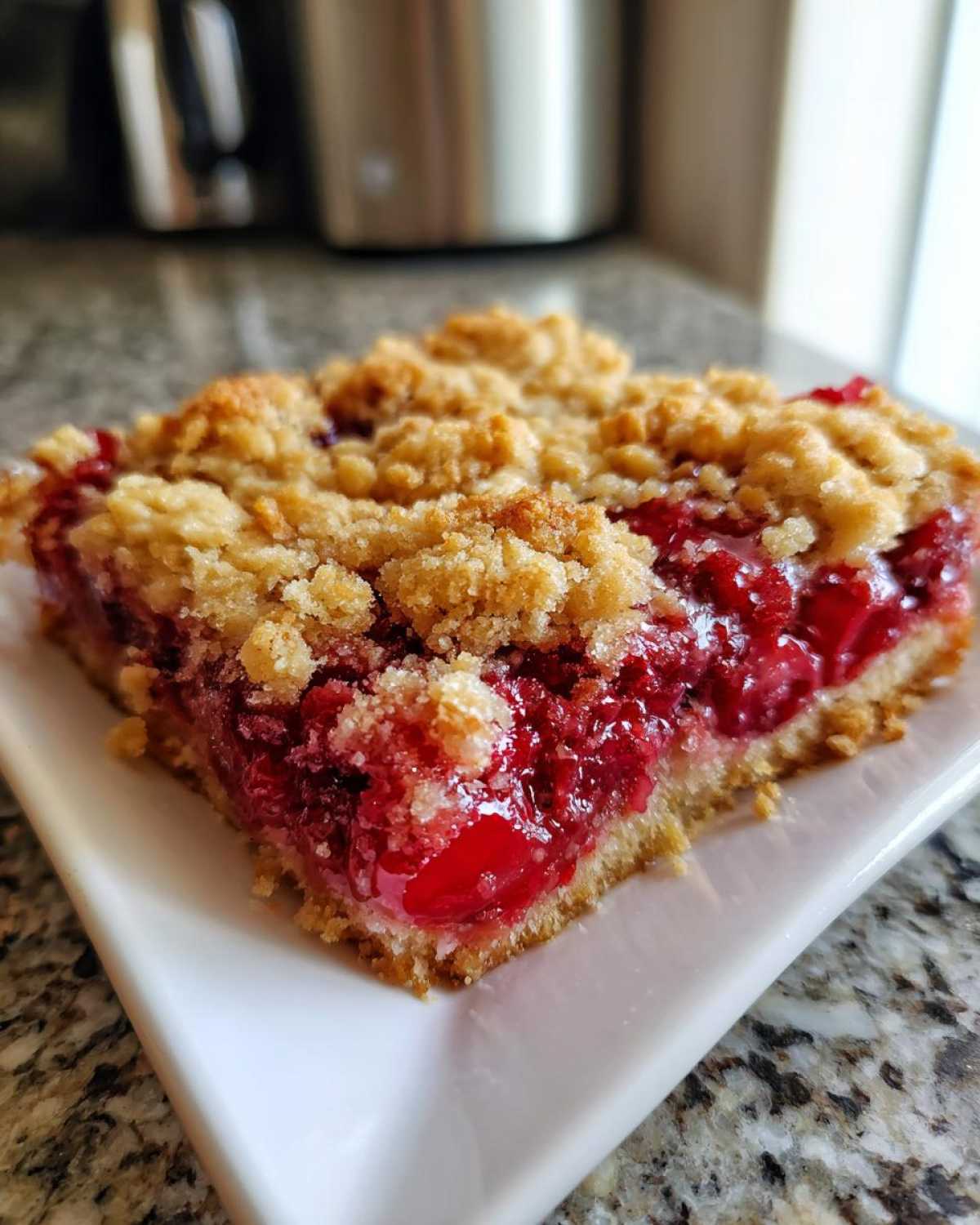 Close-up of a square slice of cherry dump cake with a thick, gooey cherry filling and crumbly topping.