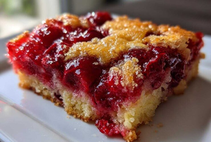 Close-up of a moist slice of cherry dump cake showing bright red cherry filling and a golden, slightly crumbly topping.