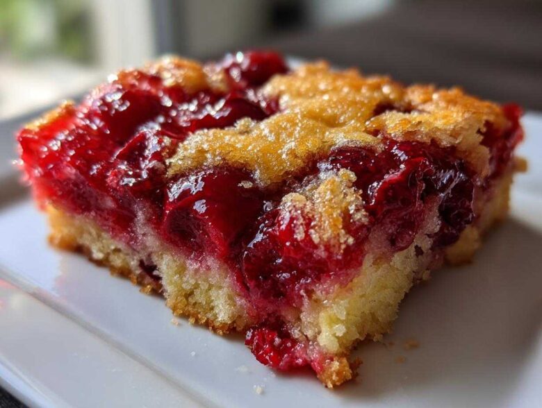 Close-up of a moist slice of cherry dump cake showing bright red cherry filling and a golden, slightly crumbly topping.