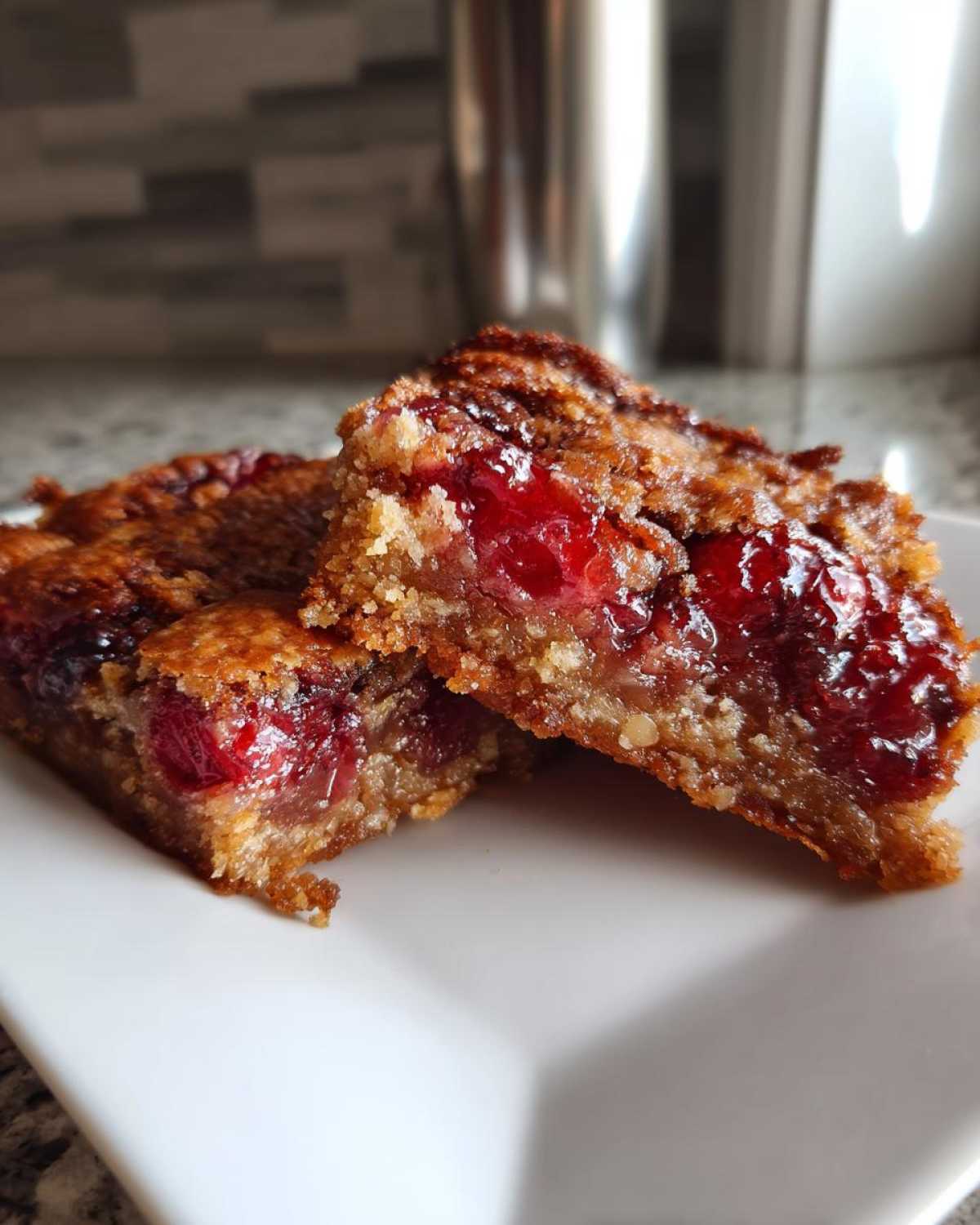 Close-up of two square slices of cherry dump cake showing the gooey cherry filling and crumbly topping on a white plate.