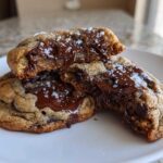Close-up of chewy chocolate chip cookies broken in half showing gooey melted chocolate and sea salt.