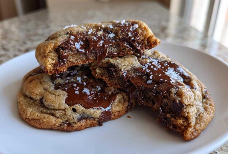 Close-up of chewy chocolate chip cookies broken in half showing gooey melted chocolate and sea salt.