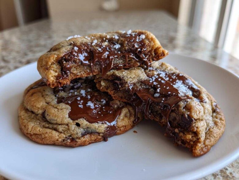 Close-up of chewy chocolate chip cookies broken in half showing gooey melted chocolate and sea salt.