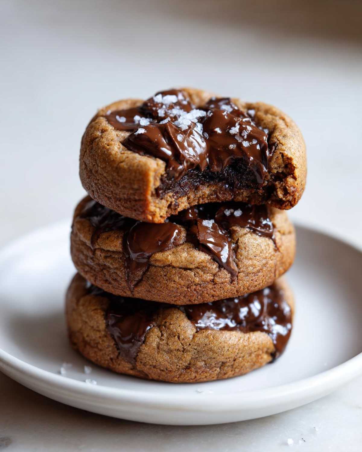 A stack of three thick, chewy chocolate chip cookies topped with melted chocolate and sea salt flakes.