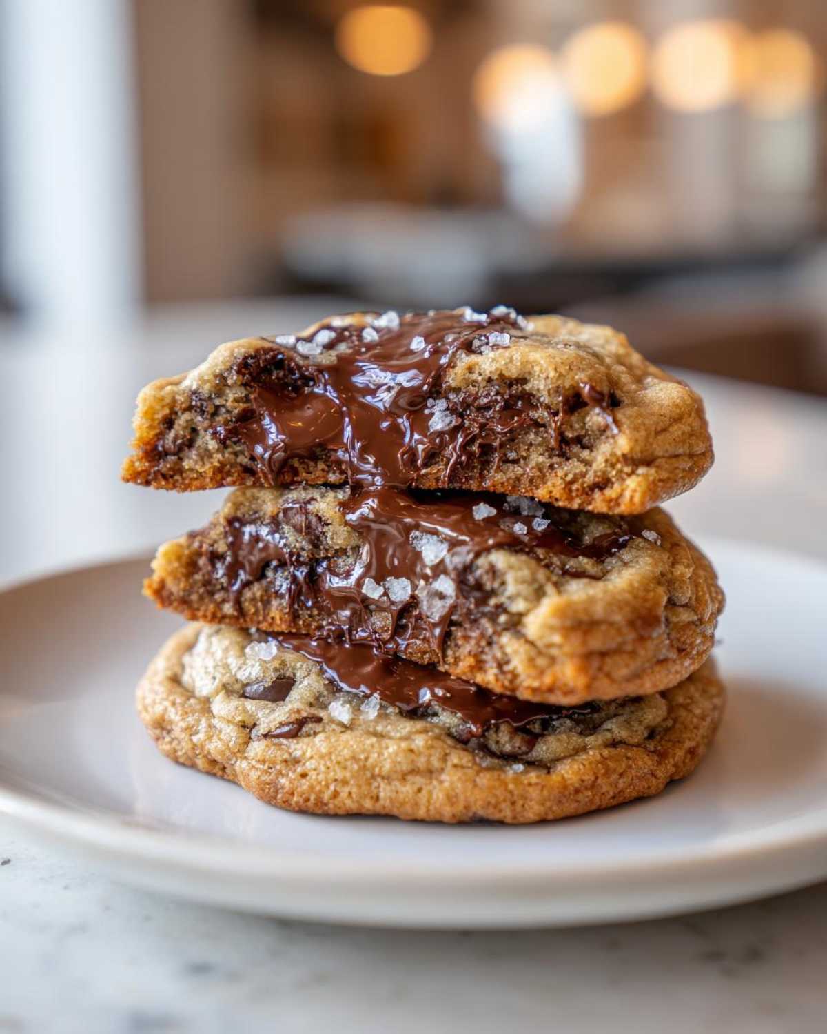 A stack of three chewy chocolate chip cookies, cut in half to show gooey melted chocolate and sea salt flakes.