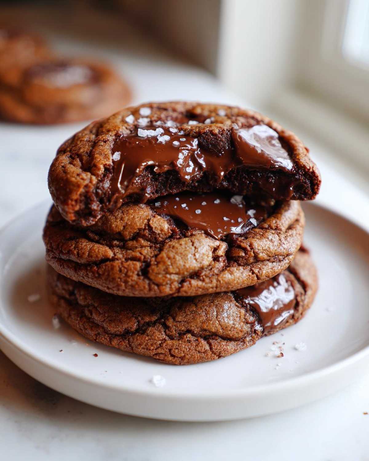 Three stacked, dark chocolate chewy chocolate chip cookies with molten centers, sprinkled with sea salt.