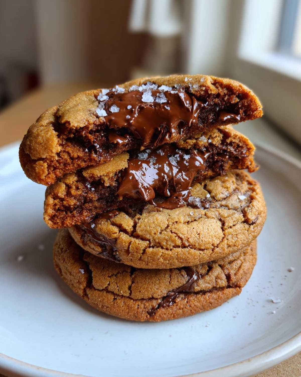 A stack of three chewy chocolate chip cookies, with the top one broken in half revealing a gooey, melted chocolate center and sea salt.