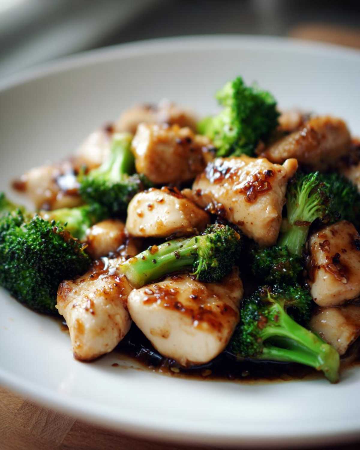 Close-up of tender chicken and bright green broccoli florets coated in a savory brown sauce, perfect chicken and broccoli.