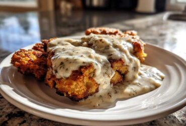 Close-up of golden brown chicken fried steak smothered in creamy, herbed white gravy on a white plate.