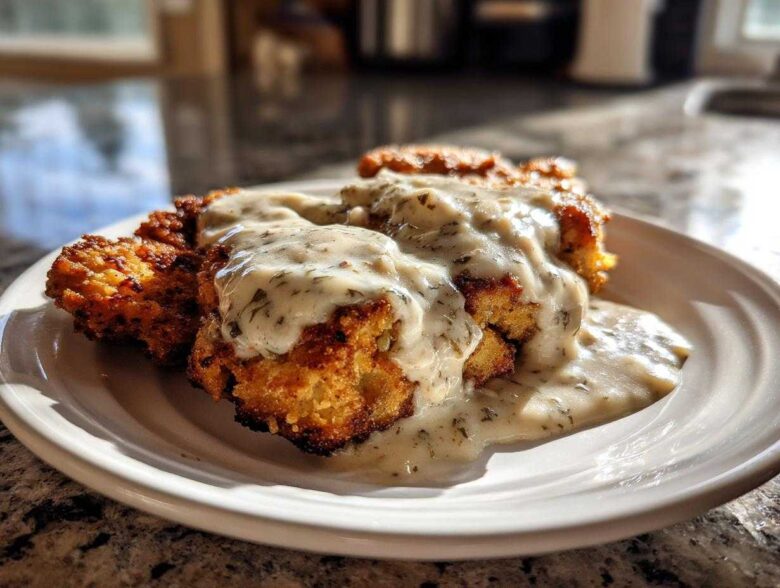 Close-up of golden brown chicken fried steak smothered in creamy, herbed white gravy on a white plate.