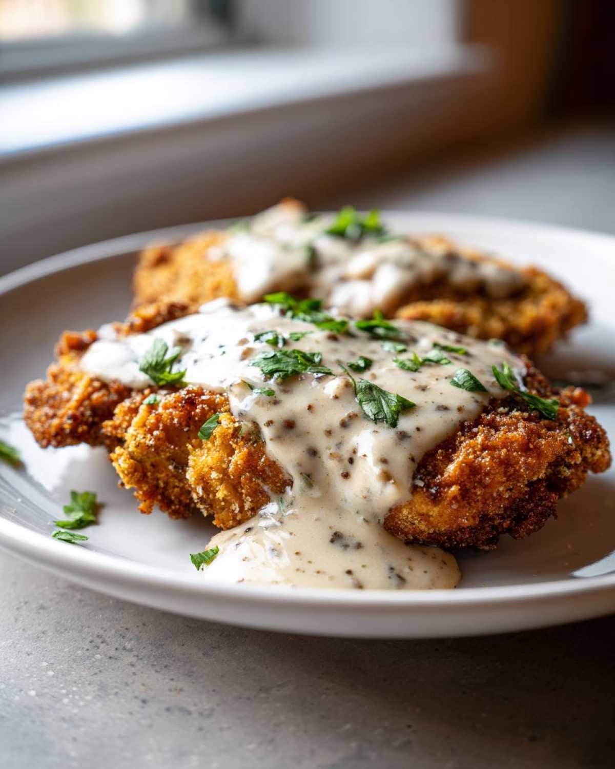 Two pieces of crispy, golden chicken fried steak smothered in creamy, black pepper gravy and topped with fresh parsley.