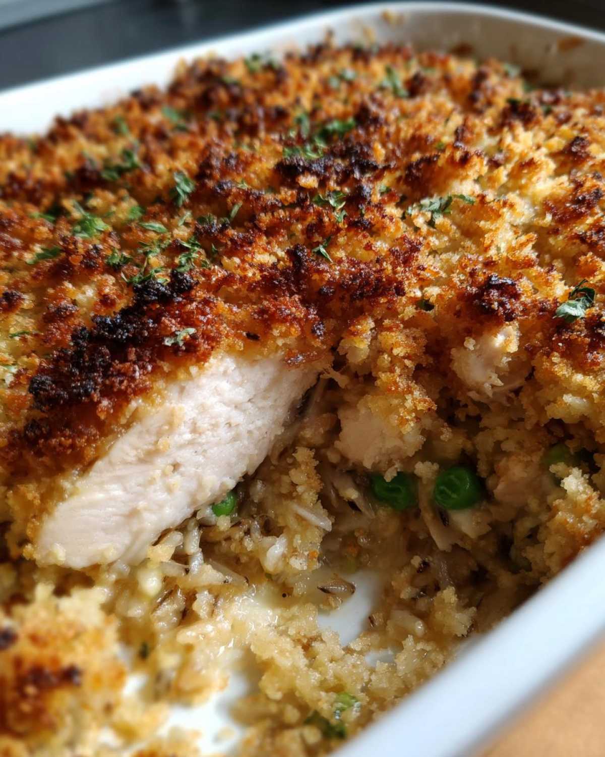Close-up of a scoop taken from a chicken wild rice casserole showing a piece of moist chicken breast and creamy rice filling under a golden, crispy topping.