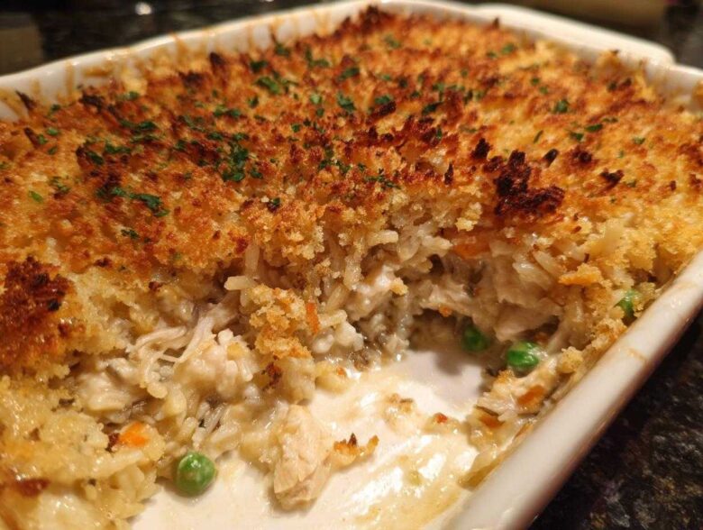 Close-up of a baked chicken wild rice casserole with a crispy, golden breadcrumb topping and visible creamy filling with peas.