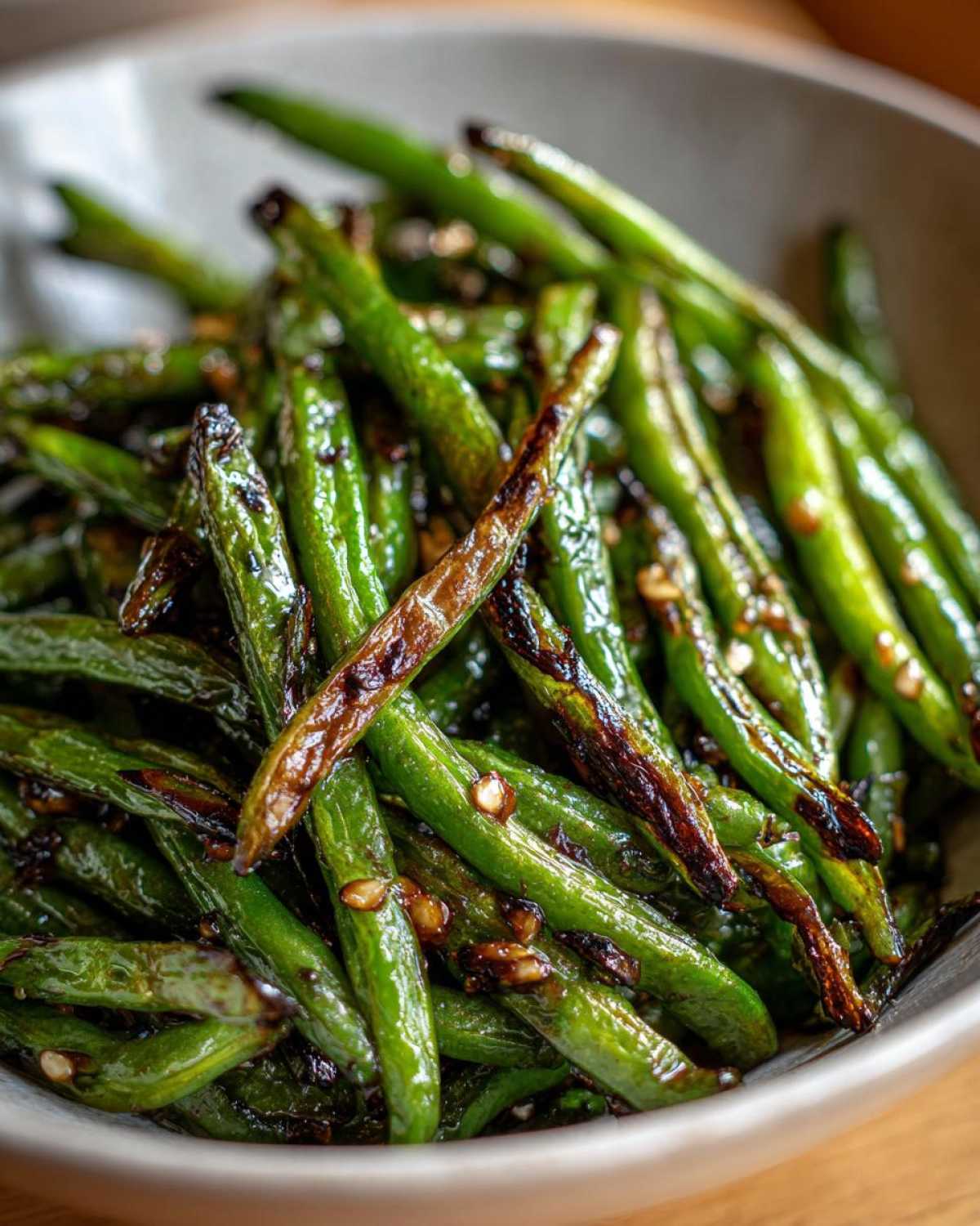 Close-up of bright green, slightly charred chinese green beans with garlic sauce and sesame seeds in a bowl.