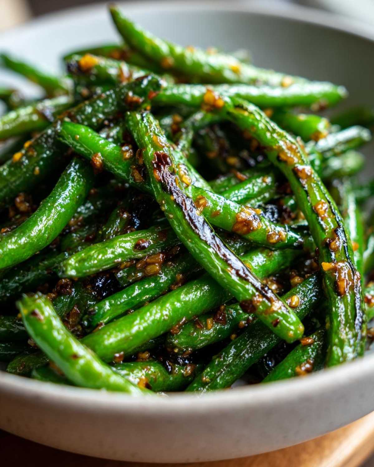 A close-up of vibrant, blistered chinese green beans with garlic sauce coating them.